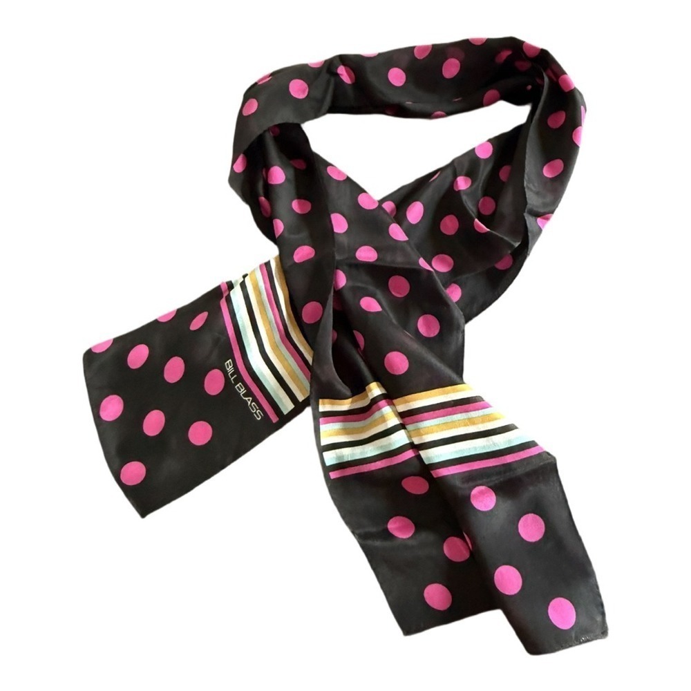 Bill Blass Vintage Silk Long Neck Scarf Polka Dot Striped 80's-90's Handbag Wrap